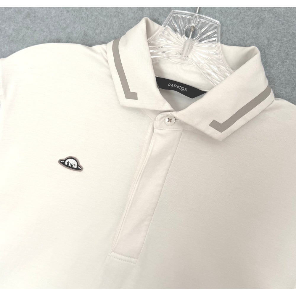 Radmor Golf Polo Mens Small Cream Taupe Pima Cotton Striped Sleeve Bobrad Logo